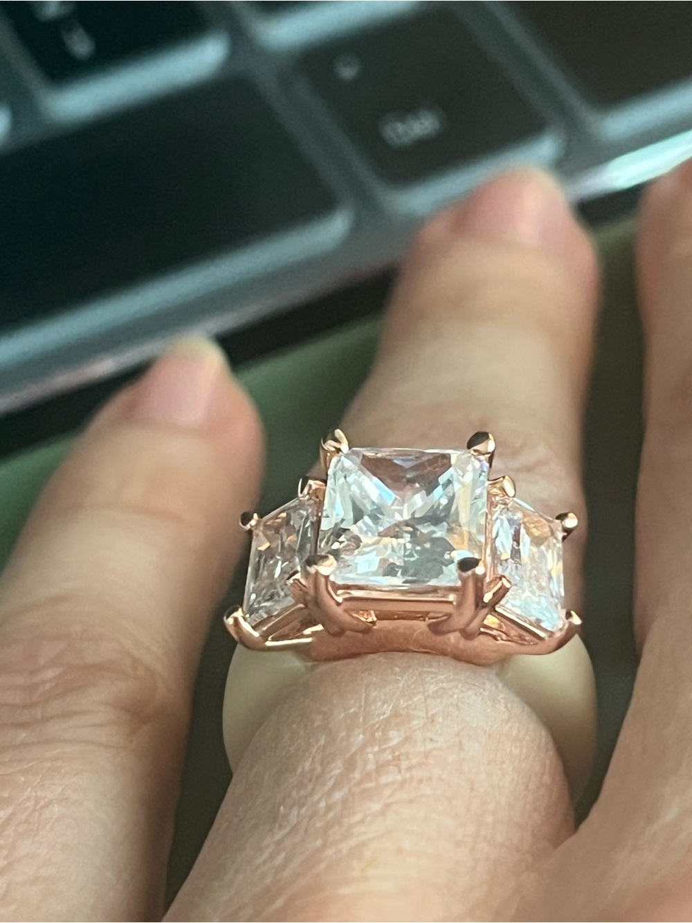 Three-Stone Emerald Cut CZ Crystal Silicone band Ring in Gold / tan size 4 - Picture 9 of 13